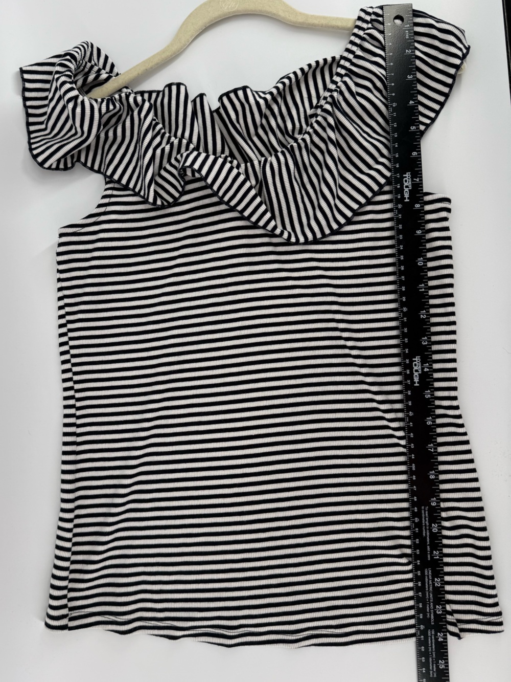 a new day Black & White Striped Ruffle Off-Shoulder Tank - Picture 7 of 7